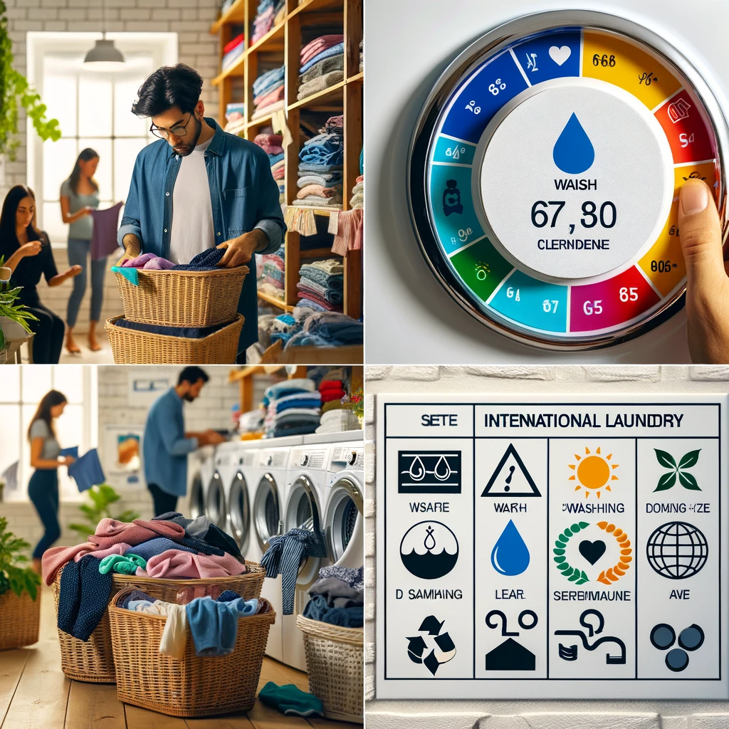 A person sorting different colors of laundry into separate baskets with labels indicating the washing temperatures and care instructions, in a well