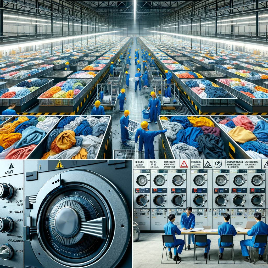 An industrial laundry facility with large, commercial washing machines and workers wearing safety gear sorting massive amounts of colored laundry i